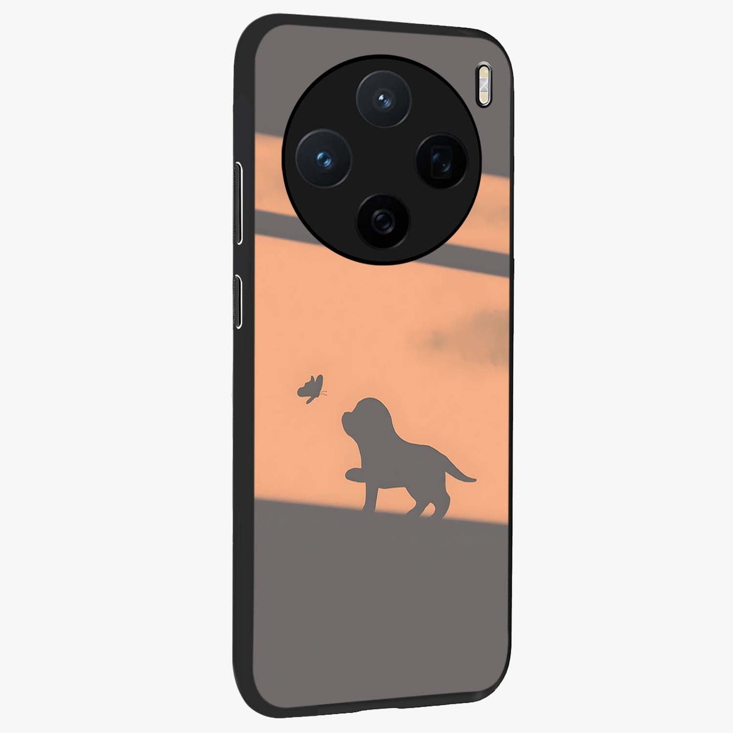 Puppy Shadow Art Glass Case upright view showcasing charming puppy artwork with creative silhouette theme.