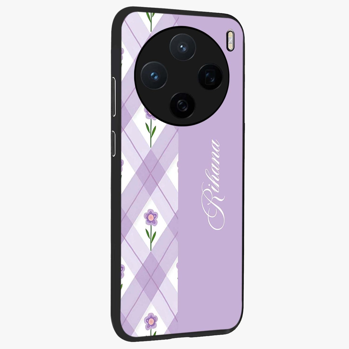Purple Diamond Floral Glass Case upright view showcasing vibrant floral artwork with stylish geometric theme.