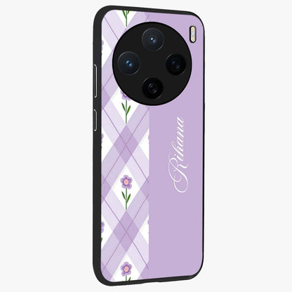 Purple Diamond Floral Glass Case upright view showcasing vibrant floral artwork with stylish geometric theme.