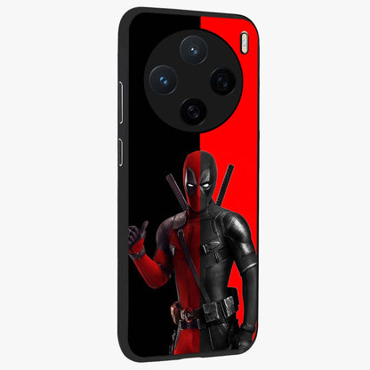 Red & Black Deadpool Theme Glass Case upright view showcasing energetic comic themed artwork with striking red and black design.