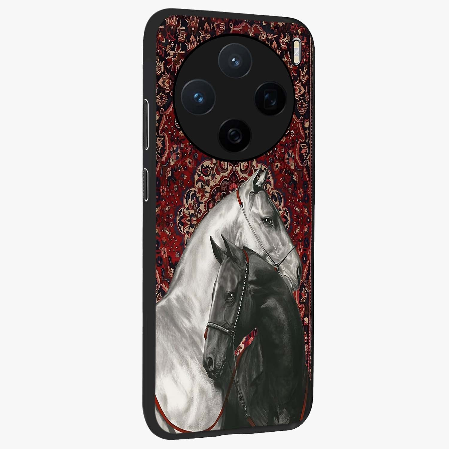Regal Stallion Tapestry Glass Case upright view showcasing powerful horse artwork with elegant tapestry theme.