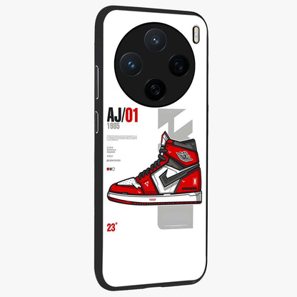 Retro Sneaker Blueprint Glass Case upright view showcasing stylish sneaker illustration with vintage streetwear theme.