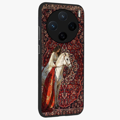 Royal Rider Tapestry Glass Case upright view showcasing detailed rider artwork with classic tapestry theme.