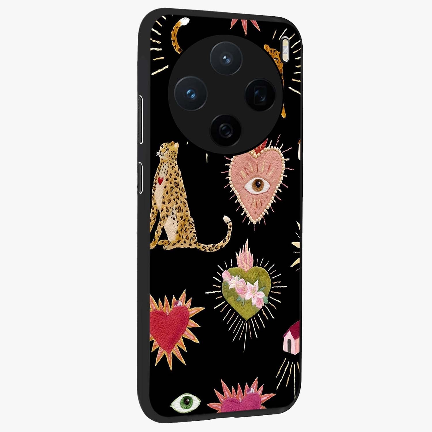 Sacred Jungle Heart Glass Case upright view showcasing vibrant jungle artwork with symbolic heart theme.
