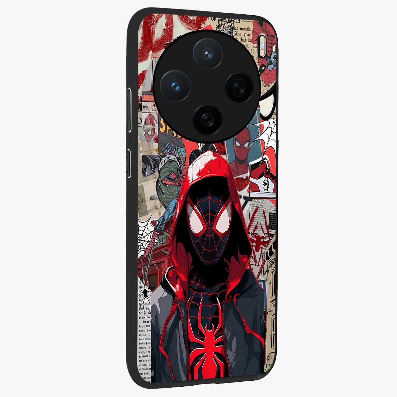 Spider Collage Street Glass Case upright view showcasing bold superhero artwork with urban street theme.