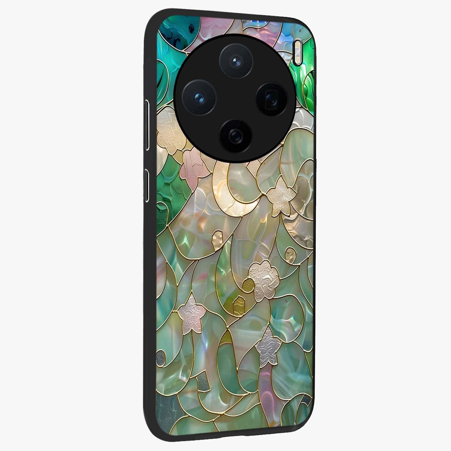 Stained Sunrise Glow Glass Case upright view showcasing colorful sunrise artwork with warm morning theme.