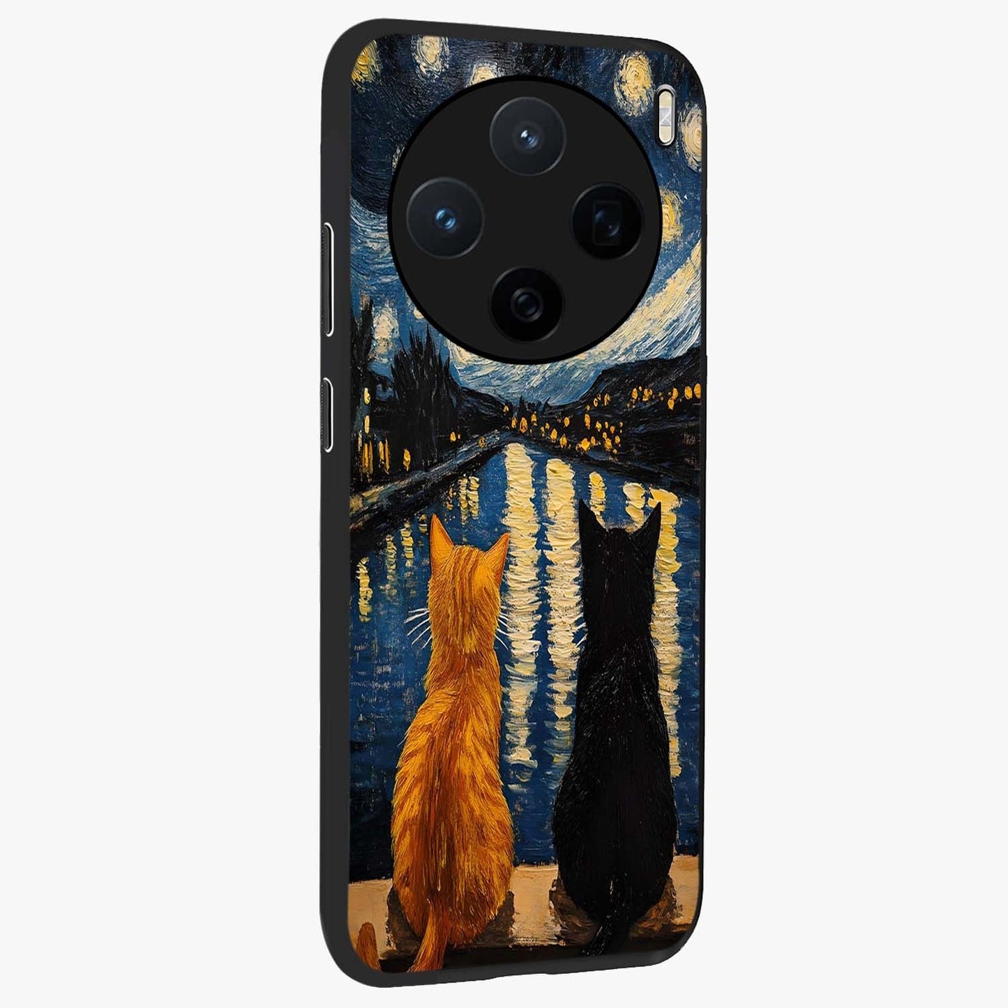 Starry River Cats Glass Case upright view showcasing adorable cat artwork with magical river and stars theme.