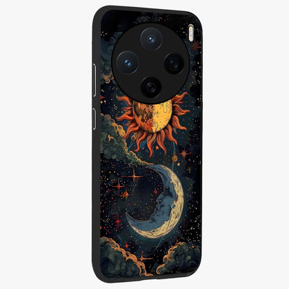 Sun And Moon Magic Design Glass Case upright view showcasing decorative sun and moon artwork with spiritual celestial theme.