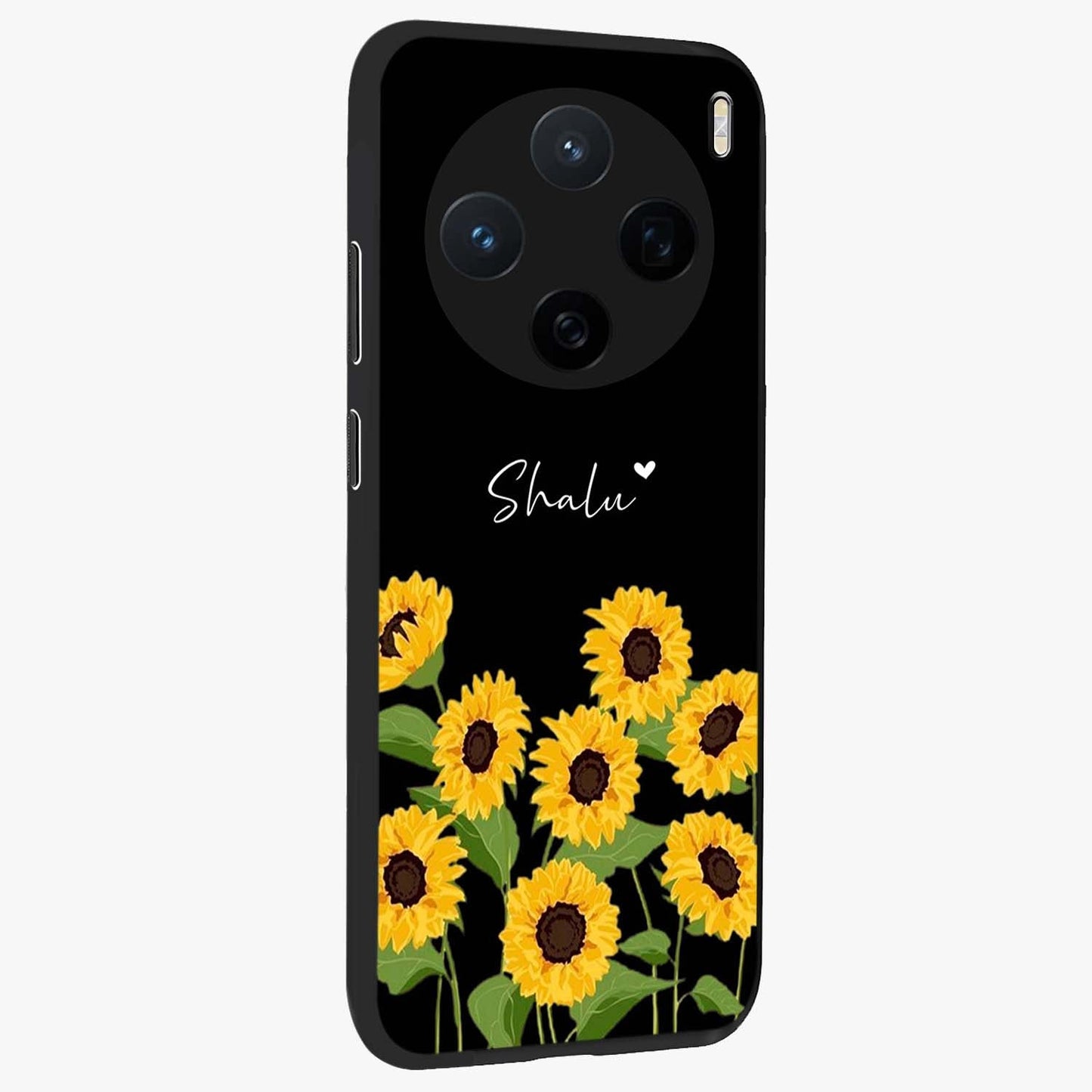 Sunflower Chic Mood Custom Name Glass Case upright view showcasing cheerful sunflower artwork with trendy floral theme.