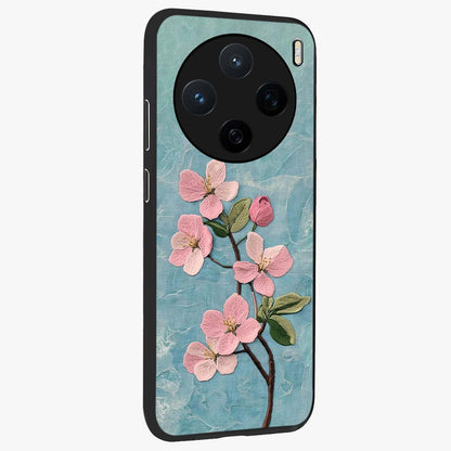 Threaded Blossom Breeze Glass Case upright view showcasing graceful flower artwork with calm botanical theme.