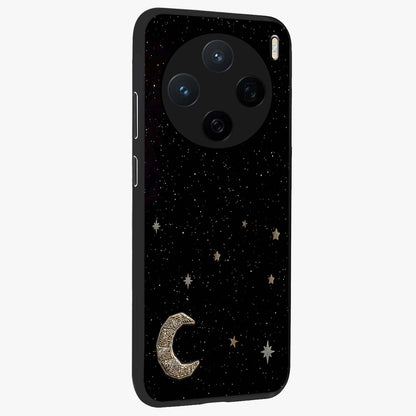 Twinkle Star With Half Moon Glass Case upright view showcasing glowing cosmic artwork with dreamy night theme.