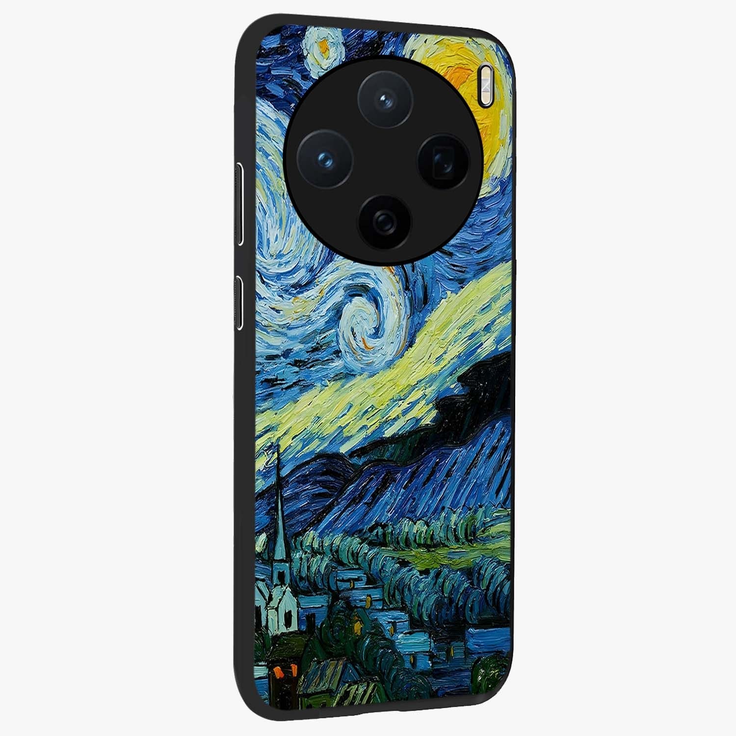 Van Gogh Art Glass Case upright view showcasing expressive painting style artwork with timeless artistic theme.