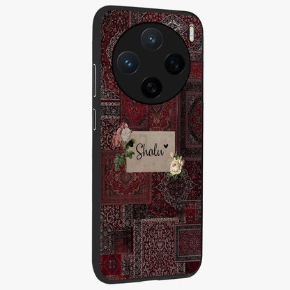 Velvet Wine Pattern Custom Name Glass Case upright view showcasing luxurious wine toned artwork with personalized aesthetic.