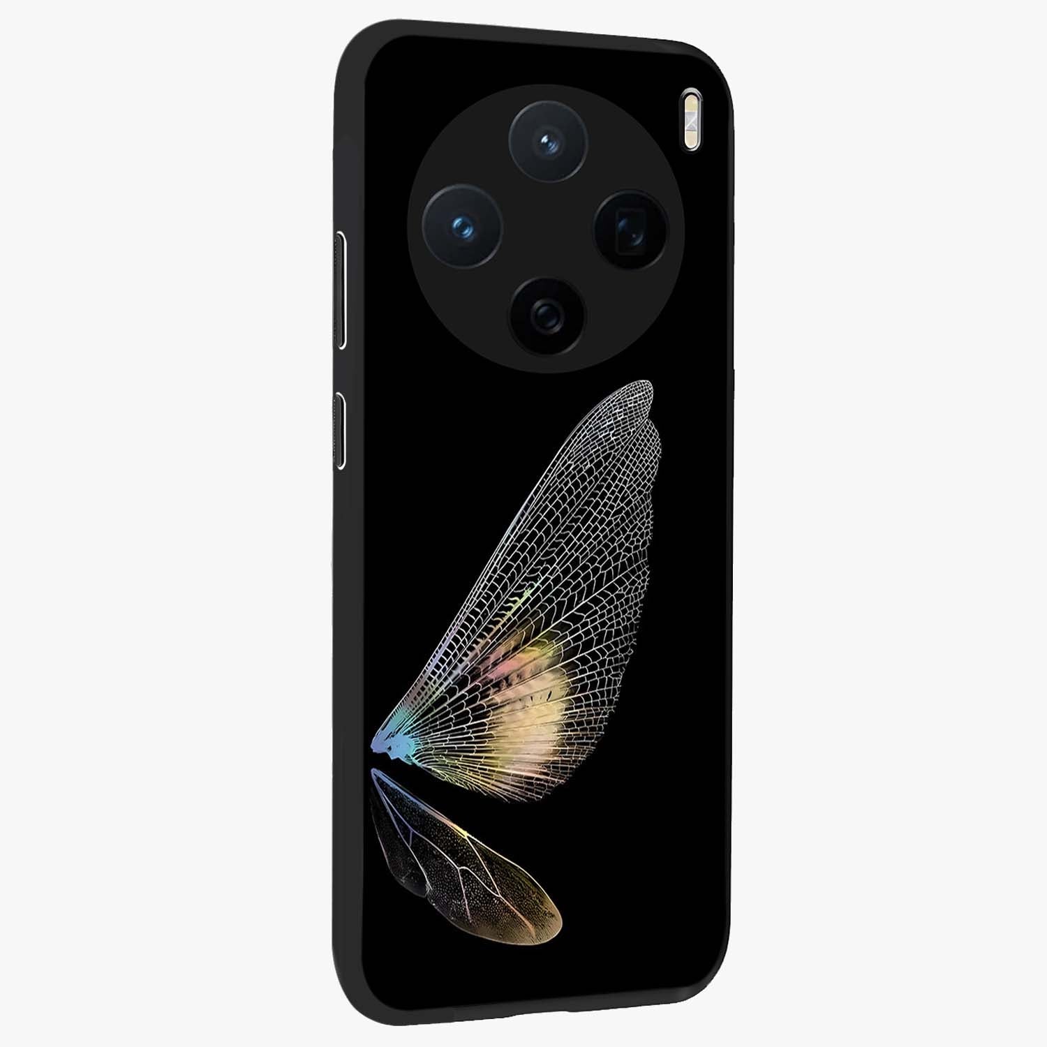 Whispers Of Wings Glass Case upright view showcasing elegant wing artwork with light airy theme.