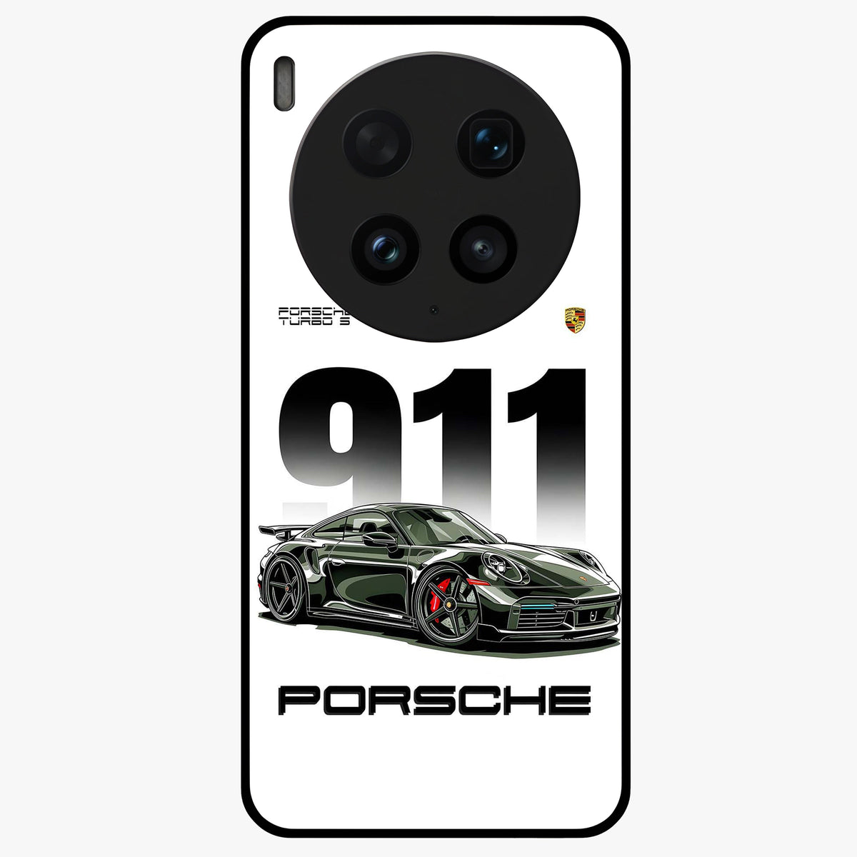 911 Turbo Dominance Glass Case showing clean flat back view with bold 911 sports car artwork and glossy glass finish.