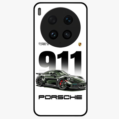 911 Turbo Dominance Glass Case showing clean flat back view with bold 911 sports car artwork and glossy glass finish.