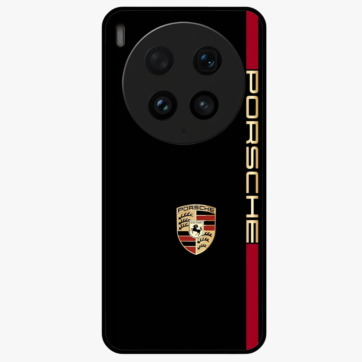 Black Minimal Porsche Glass Case showing flat back view with sleek minimal sports car artwork and glossy glass finish.