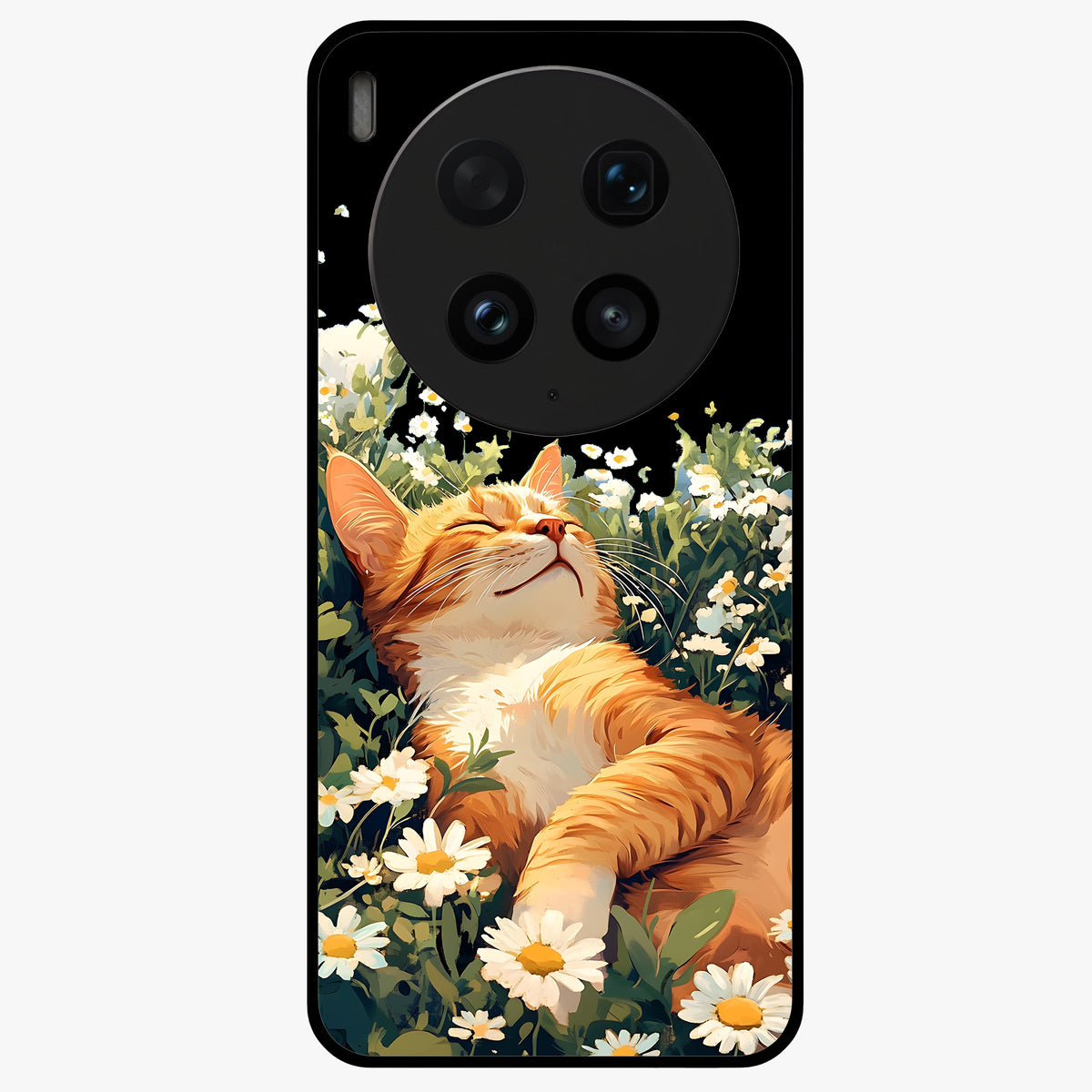 Blissful Bloom Cat Glass Case showing flat back view with cute cat and floral bloom artwork and glossy glass finish.