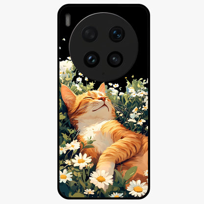 Blissful Bloom Cat Glass Case showing flat back view with cute cat and floral bloom artwork and glossy glass finish.