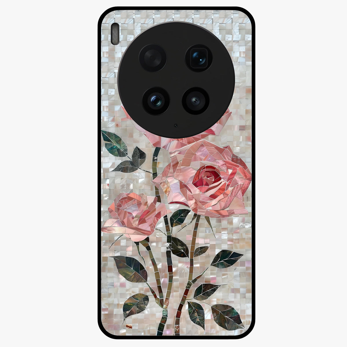 Blush Mosaic Bloom Glass Case showing flat back view with mosaic floral bloom artwork and glossy glass finish.