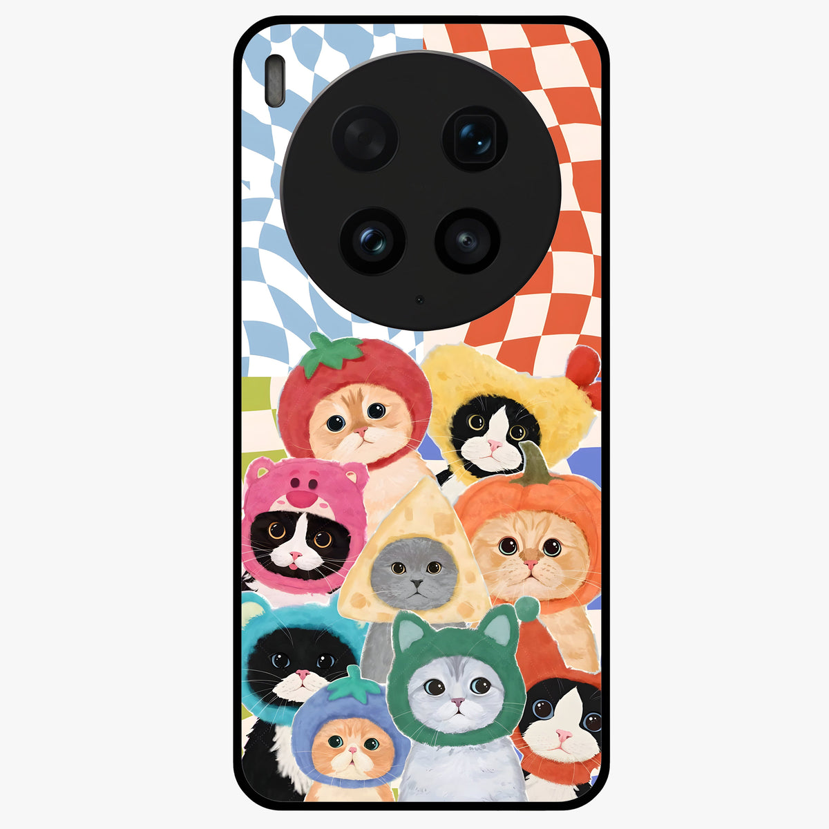 Cats in Fruits Glass Case showing flat back view with playful cat illustrations inside fruit artwork and glossy glass finish.