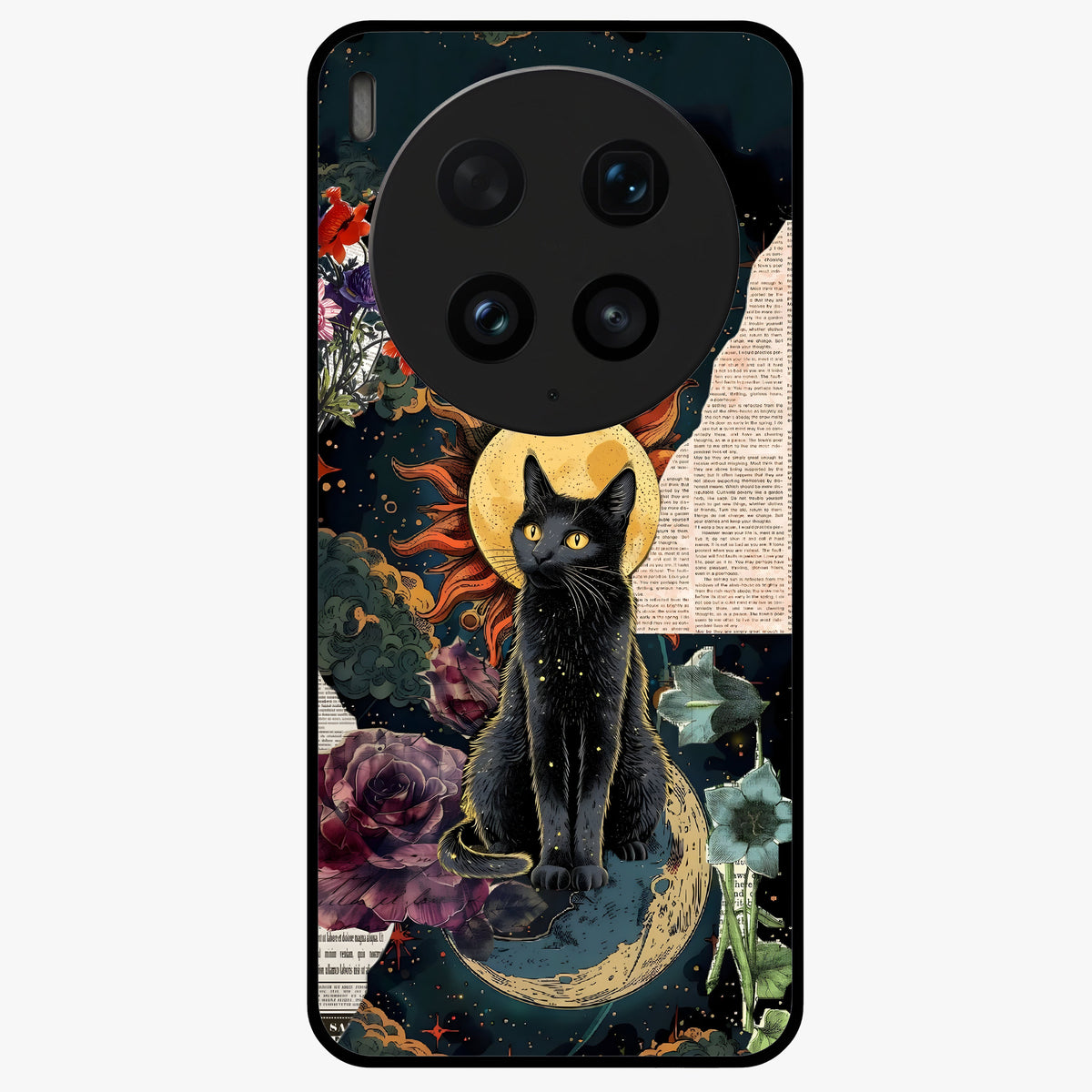 Celestial Black Cat Glass Case showing flat back view with mystical black cat artwork and glossy glass finish.