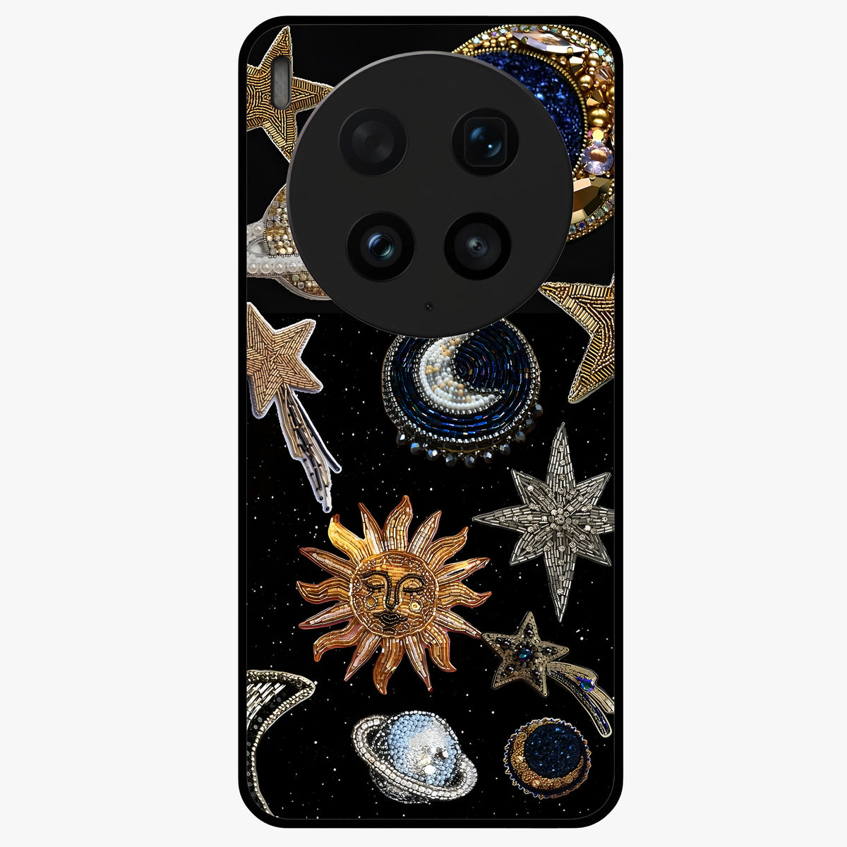 Celestial Gem Constellations Glass Case showing flat back view with sparkling constellation artwork and glossy glass finish.