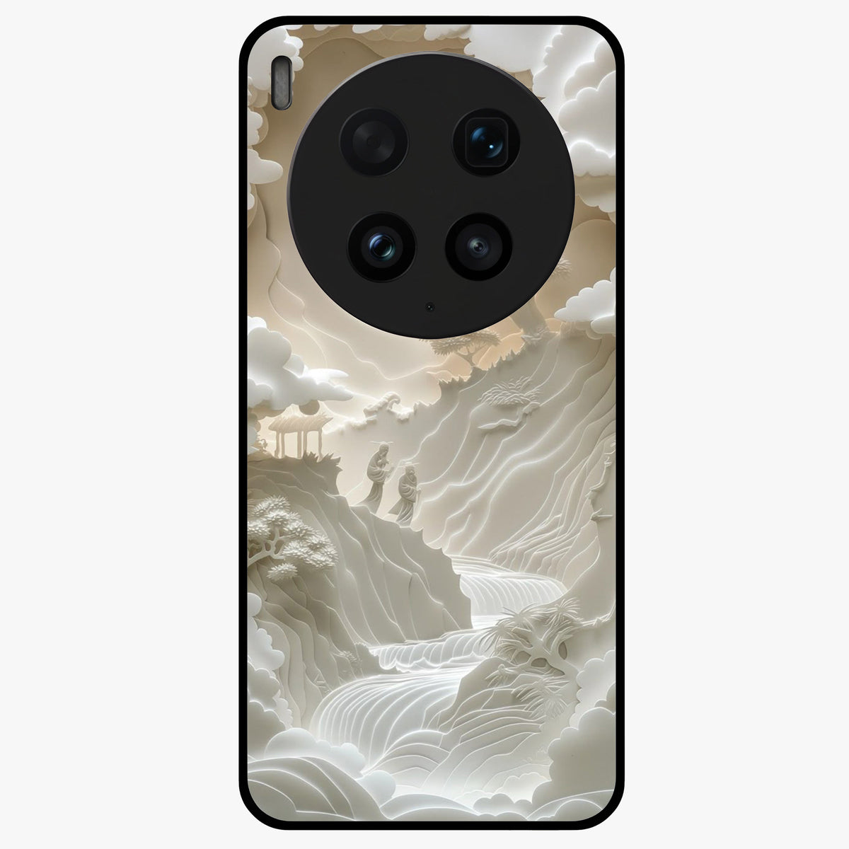 Celestial Origami Glass Case showing flat back view with artistic origami inspired celestial artwork and glossy glass finish.