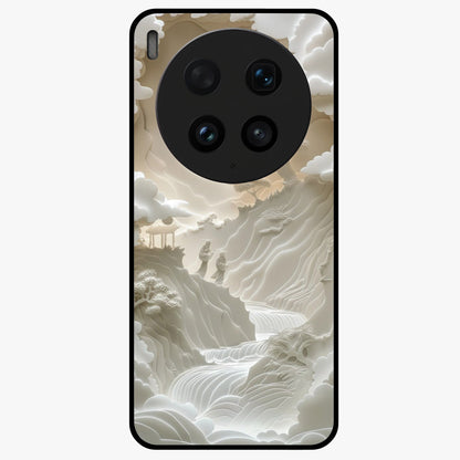 Celestial Origami Glass Case showing flat back view with artistic origami inspired celestial artwork and glossy glass finish.