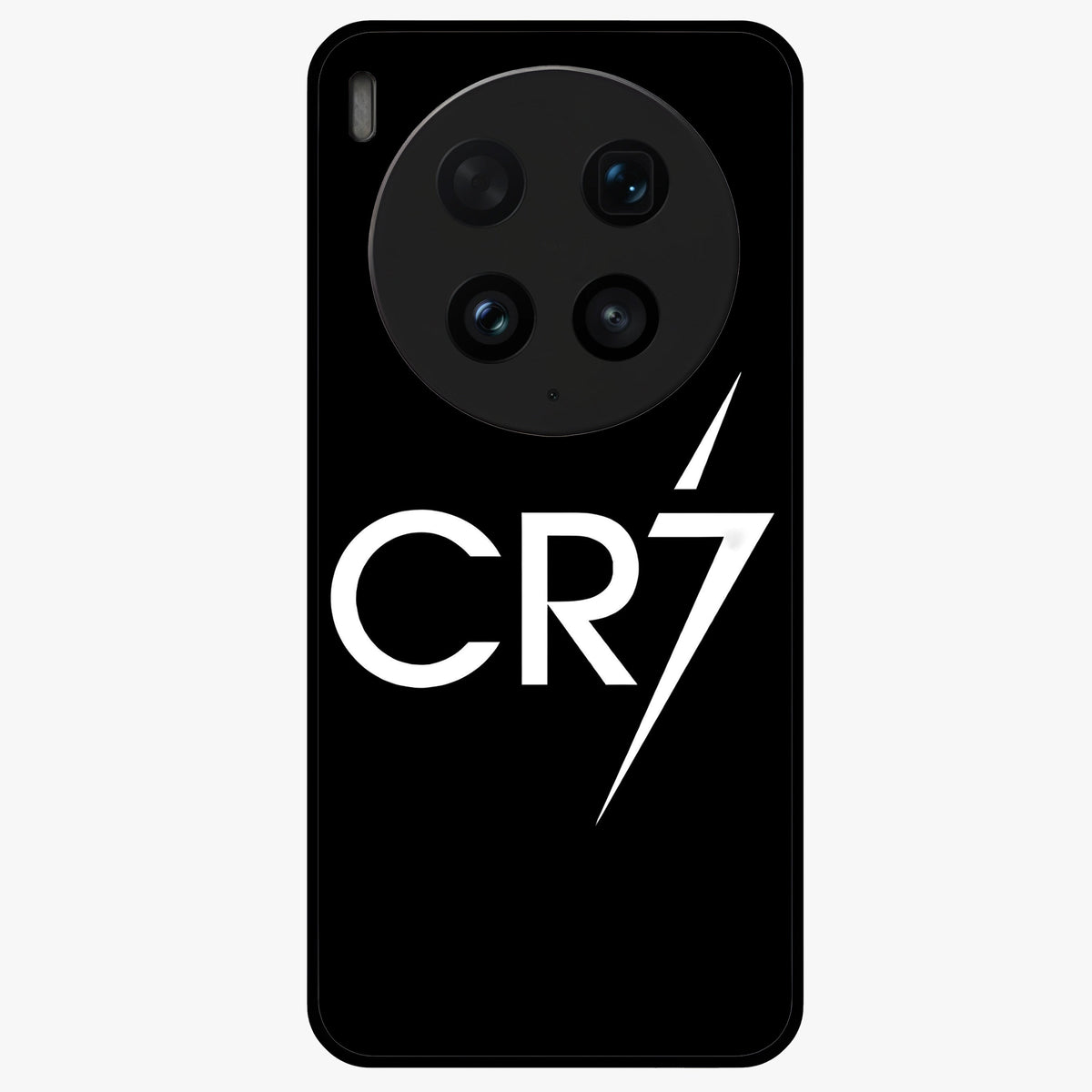 Cr7 Elite Strike Glass Case showing flat back view with dynamic football inspired artwork and glossy glass finish.