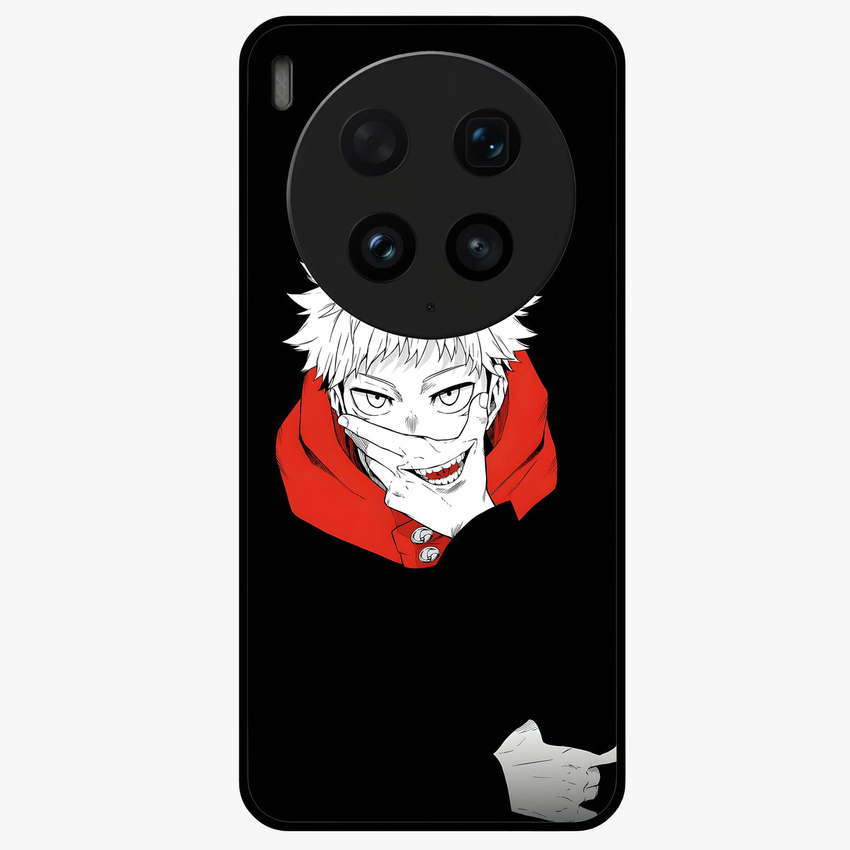 Crimson Chaos Smile Glass Case showing flat back view with bold chaotic smile artwork and glossy glass finish.