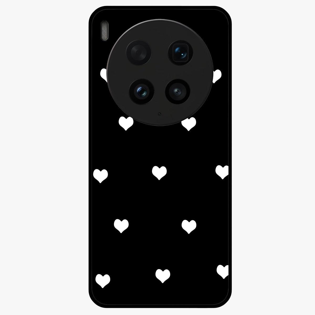 Cute And Simple White Hearts Glass Case showing flat back view with minimal white heart pattern and glossy glass finish.