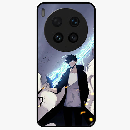 Dark Lightning Anime Warrior Glass Case showing flat back view with intense anime warrior artwork and glossy glass finish.