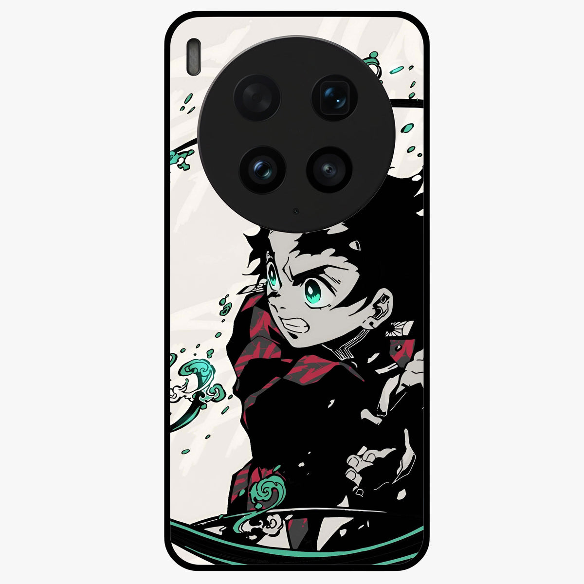 Demon Slayer Glass Case showing flat back view with bold anime inspired artwork and glossy glass finish.