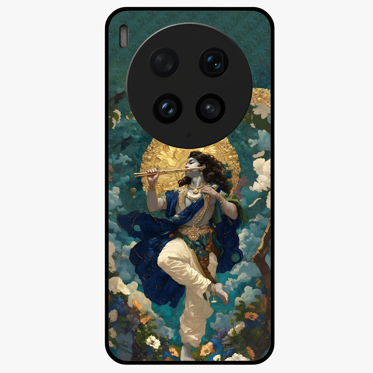 Divine Krishna Art Glass Case showing flat back view with Lord Krishna artwork and glossy glass finish.