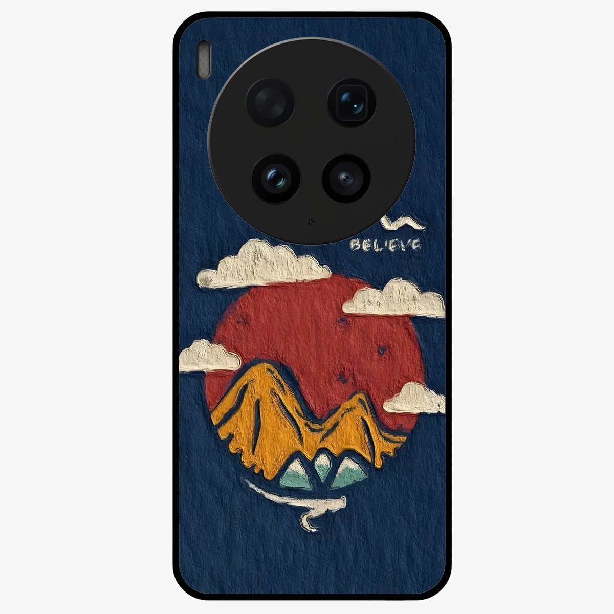 Dream Beyond Mountains Glass Case showing flat back view with scenic mountain landscape artwork and glossy glass finish.