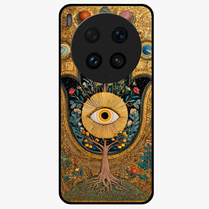 Ethereal Evil Eye Glass Case showing flat back view with mystical evil eye artwork and glossy glass finish.