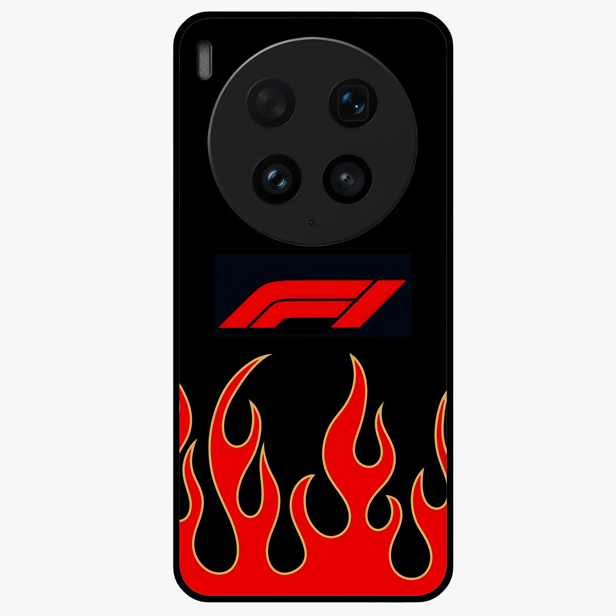 Fire F11 Glass Case showing flat back view with fiery themed artwork and glossy glass finish.