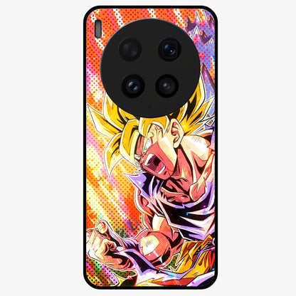 Firing Goku Glass Case showing flat back view with powerful anime inspired artwork and glossy glass finish.