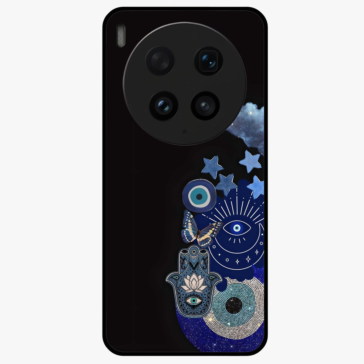 Galactic Charm Cluster Glass Case showing flat back view with glowing celestial charm artwork and glossy glass finish.