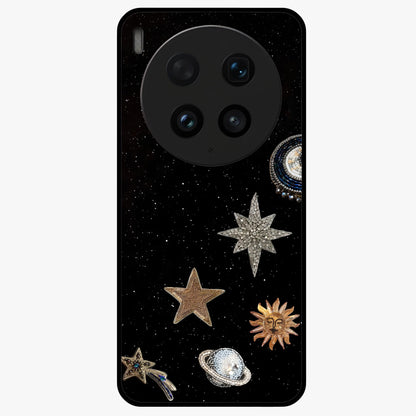 Galactic Charm Glow Glass Case showing flat back view with glowing celestial charm artwork and glossy glass finish.