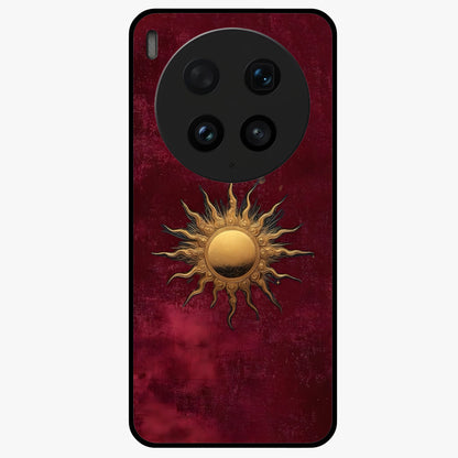 Gold Sun Blush Glass Case showing flat back view with golden sun inspired artwork and glossy glass finish.