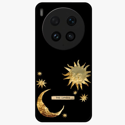 Golden Celestial Charm Glass Case showing flat back view with golden celestial charm artwork and glossy glass finish.