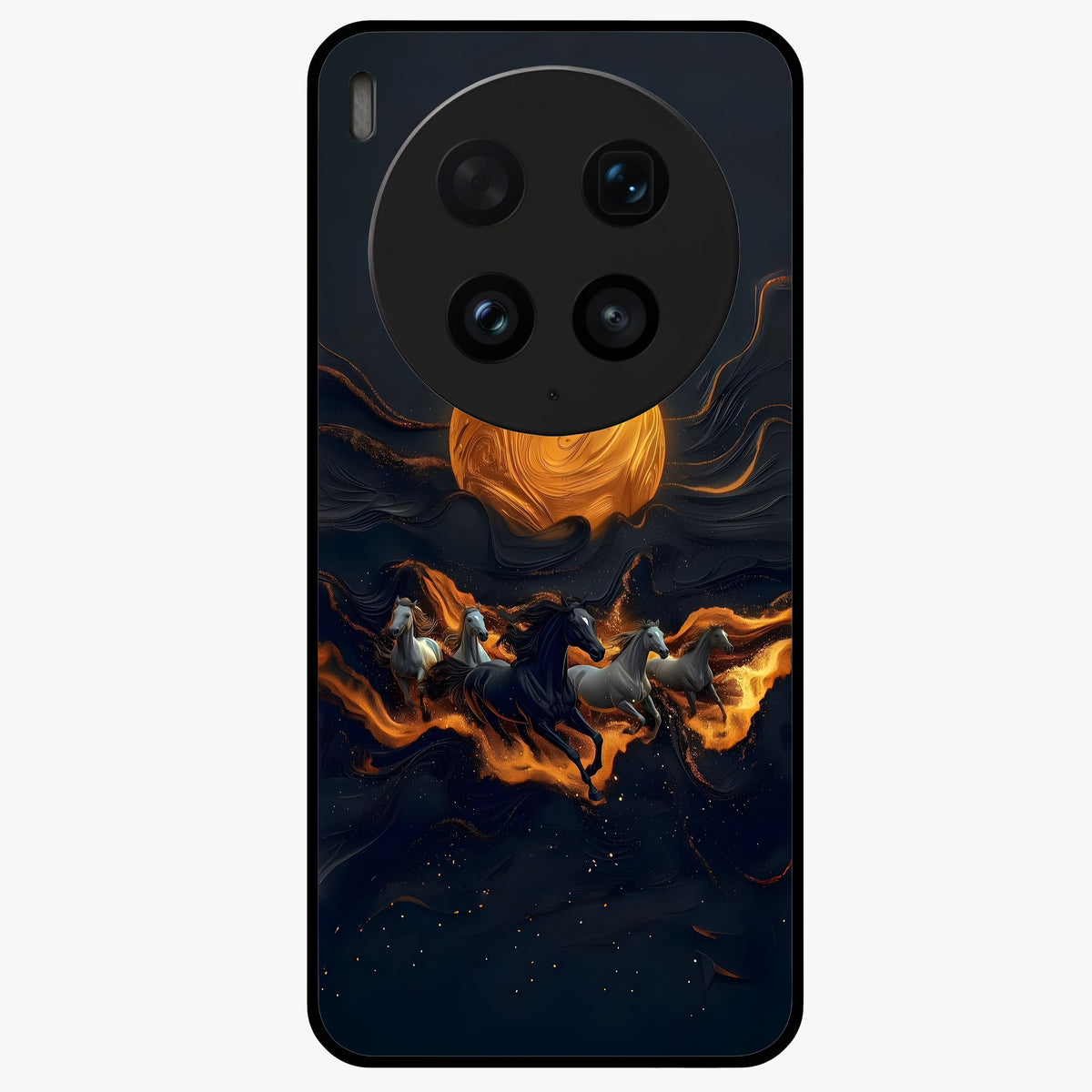Golden Stallion Moonride Glass Case showing flat back view with majestic horse under moonlight artwork and glossy glass finish.