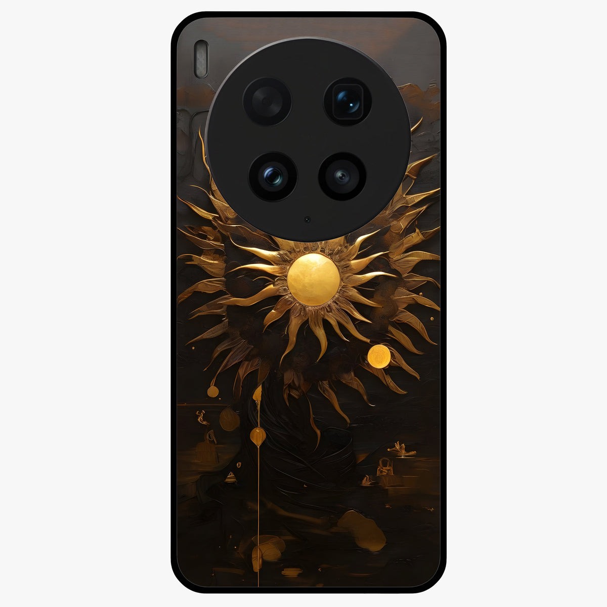 Golden Sun Majesty Glass Case showing flat back view with radiant golden sun artwork and glossy glass finish.