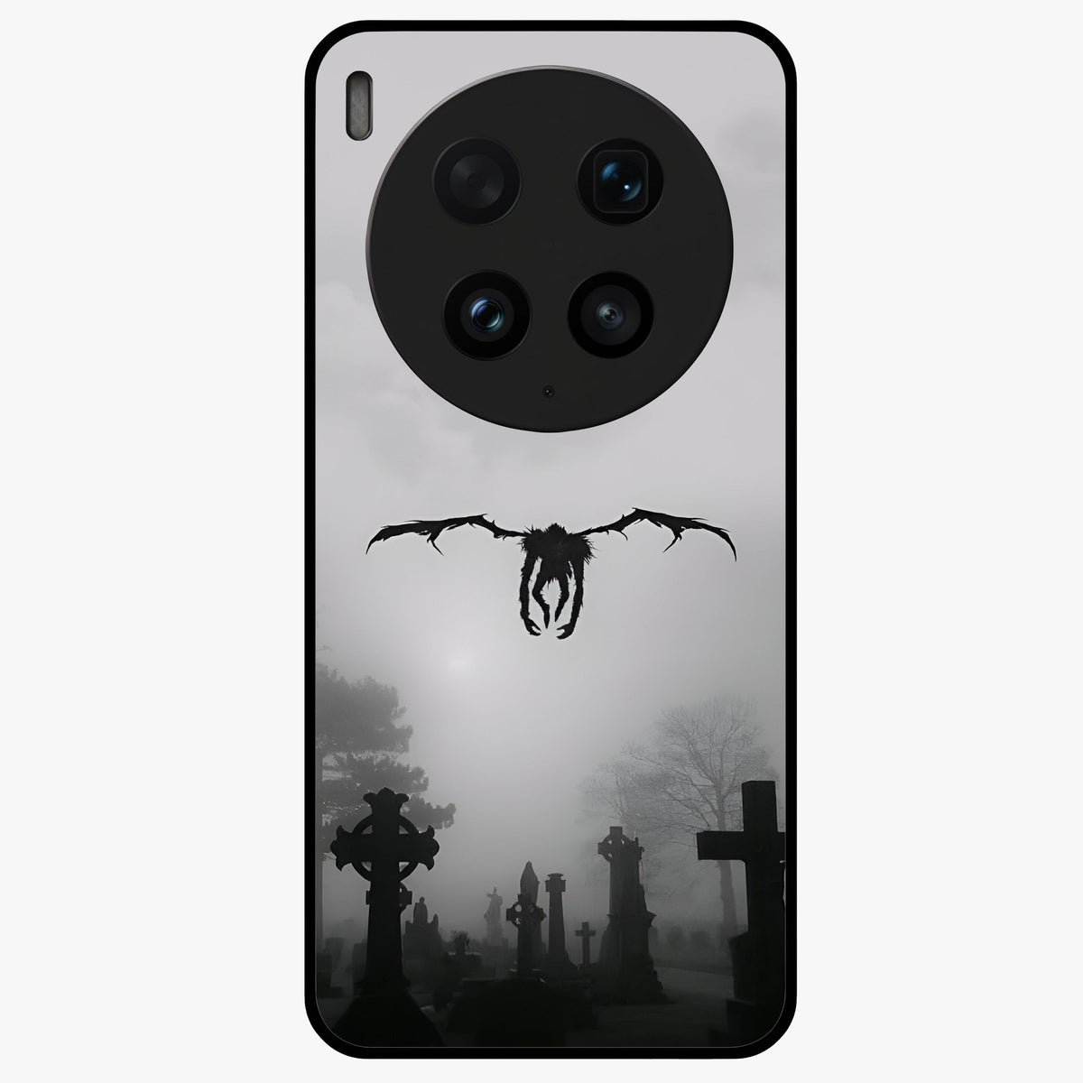 Graveyard Shadow Descent Glass Case showing flat back view with dark graveyard themed artwork and glossy glass finish.