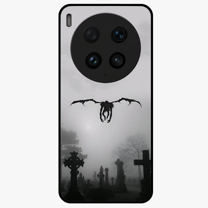 Graveyard Shadow Descent Glass Case showing flat back view with dark graveyard themed artwork and glossy glass finish.