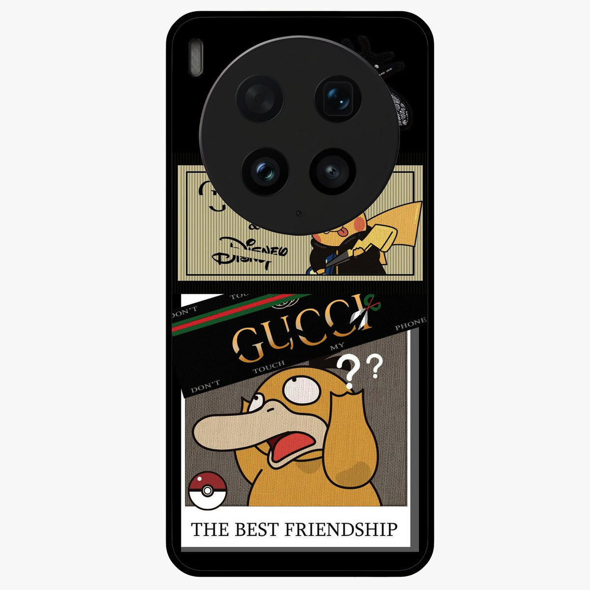 Gucci Play Mashup Glass Case showing flat back view with luxury inspired graphic artwork and glossy glass finish.