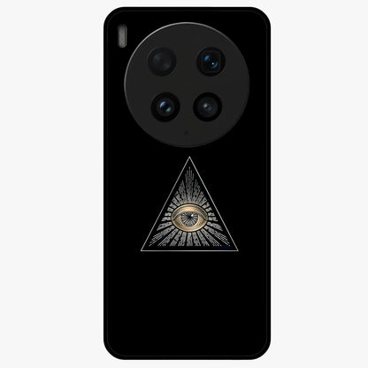 Illuminati Evil Glass Case showing flat back view with mysterious illuminati symbol artwork and glossy glass finish.