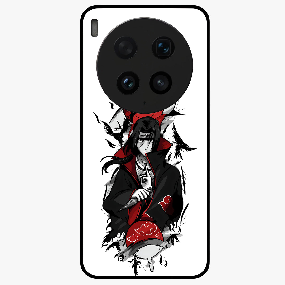 Itachi Sharingan Glass Case showing flat back view with powerful anime eye artwork and glossy glass finish.